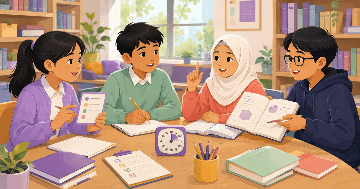 Empat pelajar berdiskusi dalam kelompok belajar dengan buku, catatan, agenda, dan timer