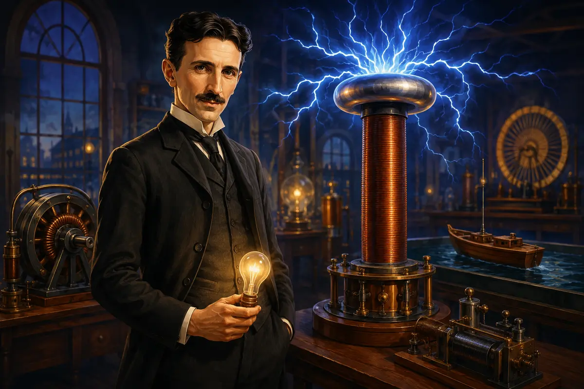 Ilustrasi original Nikola Tesla dan gagasan pentingnya