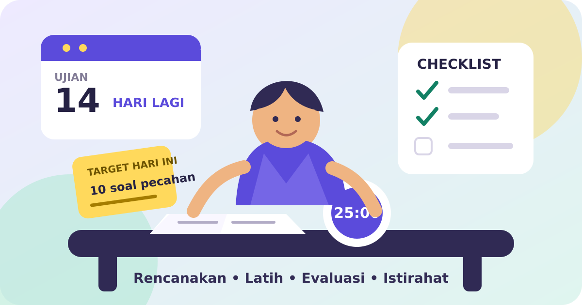 Pelajar mempersiapkan ujian dengan kalender, timer, buku, target, dan checklist